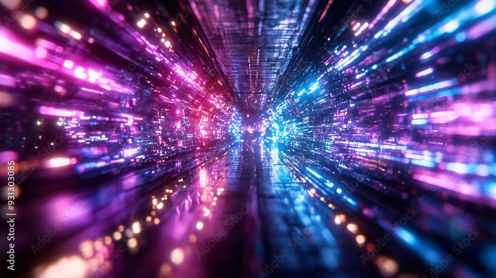 Poster futuristic digital tunnel with vibrant lights, showcasing an abstract burst of color and motion, per