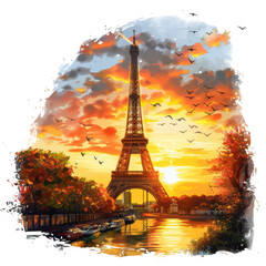 Eiffel Tower Sunset Isolated on Transparent or White Background, PNG