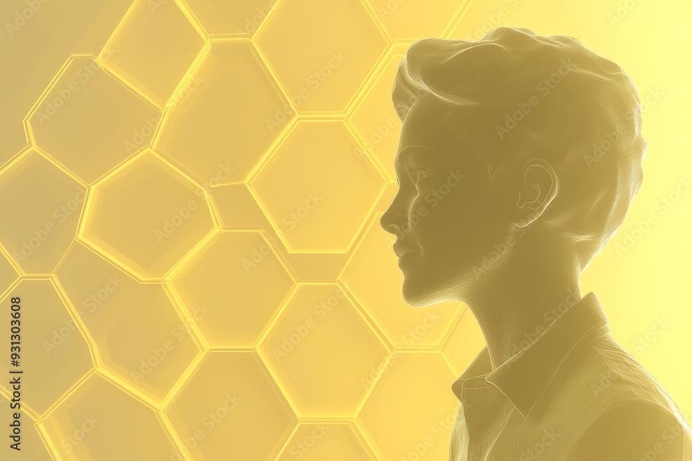 Poster abstract image of a person’s profile against a honeycomb pattern with warm light symbolizing identit