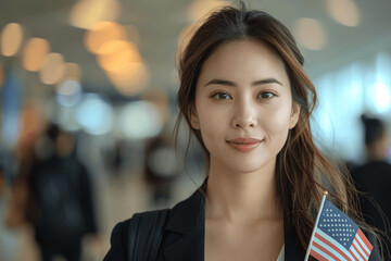 Obraz premium Young Woman Holding American Flag Indoors Smiling With Blurred Lights