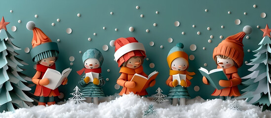 Whimsical Carolers Singing in a Snowy Paper Craft Woodland Scene