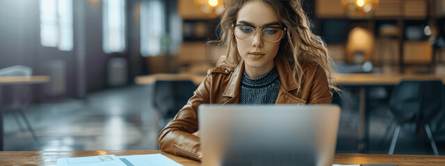 Fototapeta premium Young Woman Working On Laptop In Modern Workspace Wearing Glasses And Brown Leather Jacket