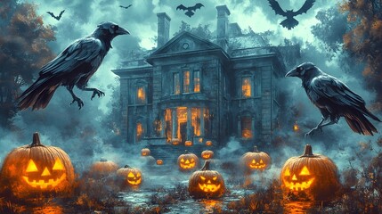Spooky Haunted House Halloween Scene with Pumpkins and Crows