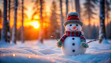 Cute happy snowman in the woods with a blurred winter sunset background, snowman, cute, happy, woods, winter, sunset
