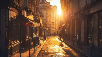 A serene street scene in Paris at sunset, with golden light reflecting on cobblestones and charming cafes lining the road.