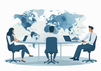 Obraz premium Global Business Strategy Meeting with Team Discussing Trade and Investment Around World Map in Modern Office Setting, Minimalistic Vector Illustration