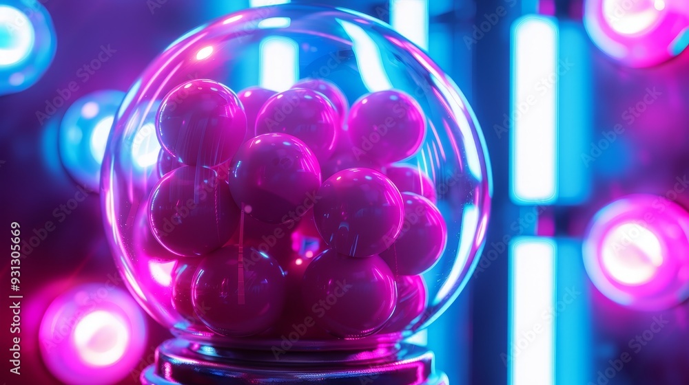 Poster a vibrant gumball machine filled with colorful balls, illuminated by neon lights, creating a playful