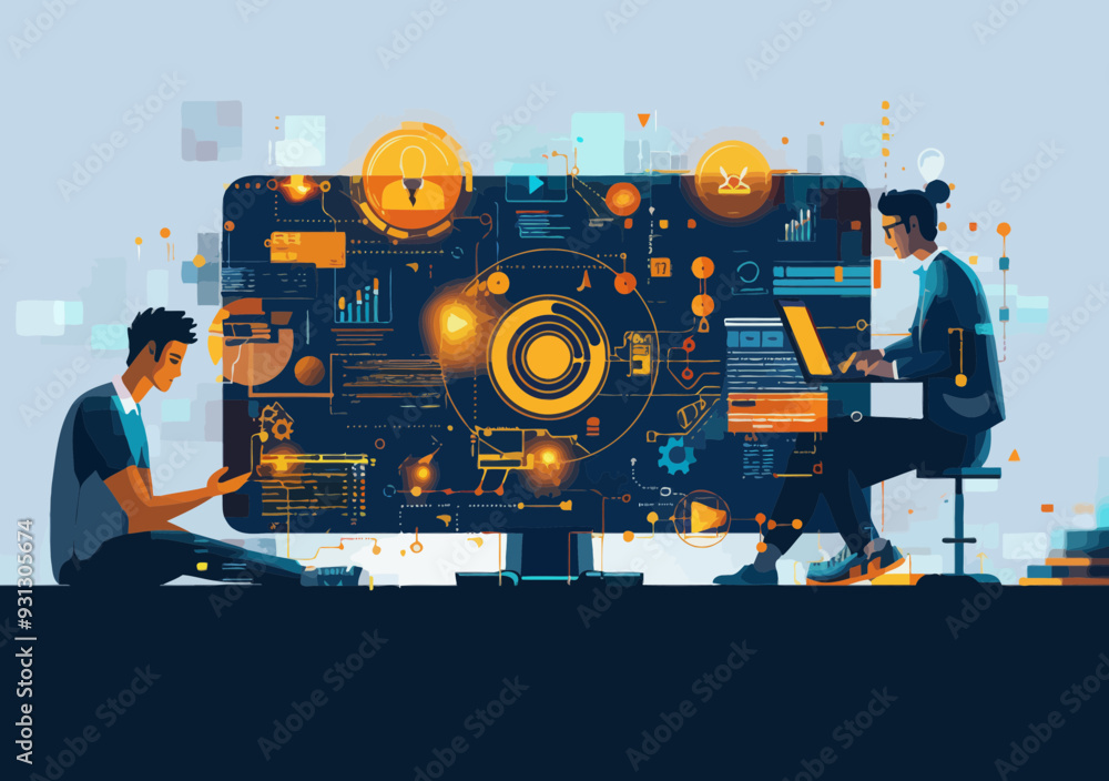 Poster online technical support team providing solutions and customer service in minimalistic vector illust