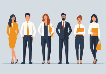 Obraz premium Diverse Business Team in Professional Attire Ready to Work Together - Minimalistic Vector Illustration for Corporate and Collaboration Themes