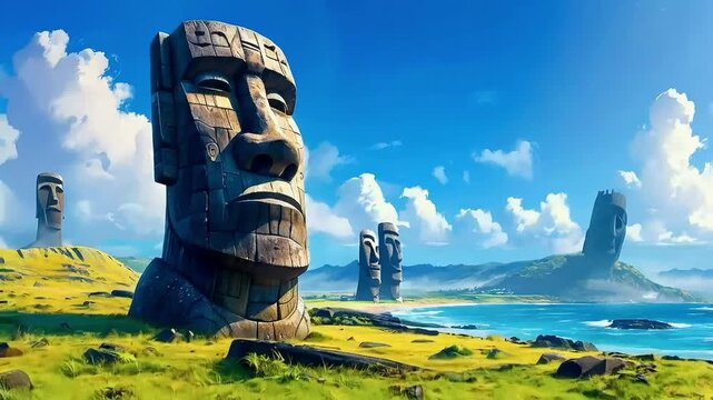 The giant statues  are standing on a hill overlooking the ocean