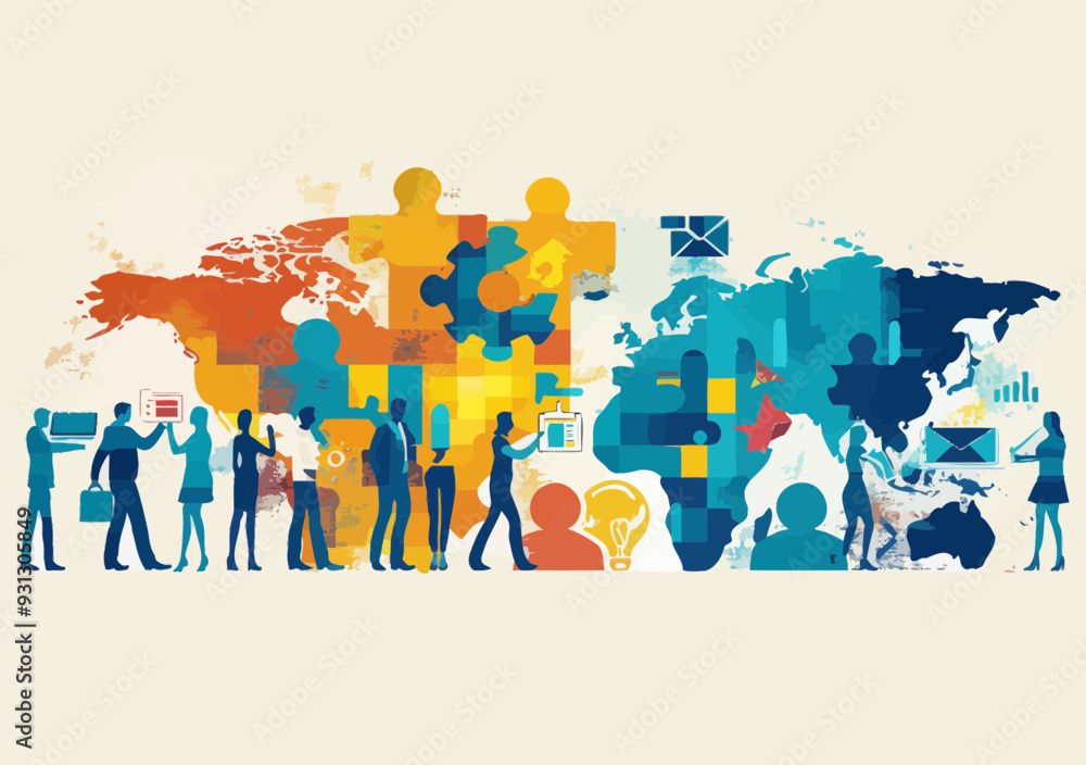 Poster global business teamwork concept with puzzle pieces and world map background