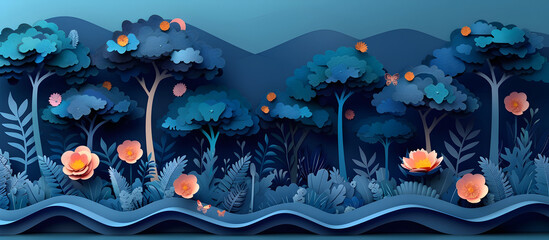 Whimsical Paper Cut Forest Landscape with Towering Trees and Lush Foliage in Pastel Tones