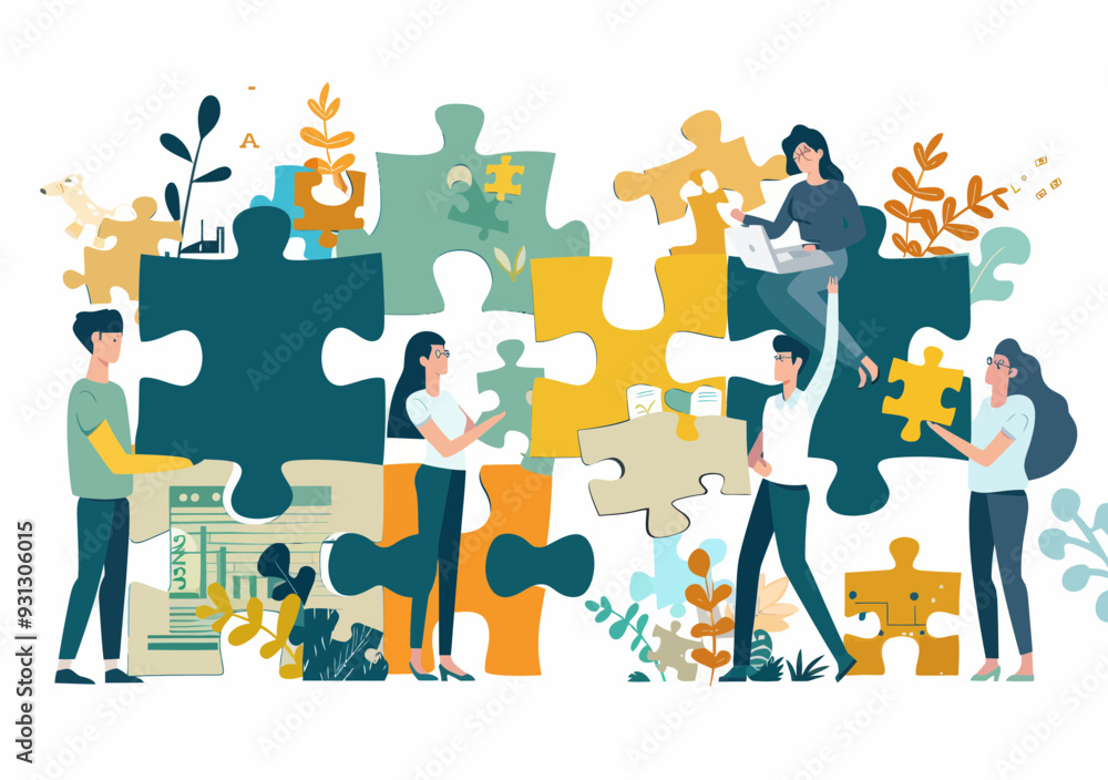 Poster collaborative problem solving and troubleshooting concept with people holding puzzle pieces working 