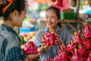 Joyful Asian Female Seller in Traditional Market Displaying Fresh Dragon Fruit - Ideal for Print, Card, Poster
