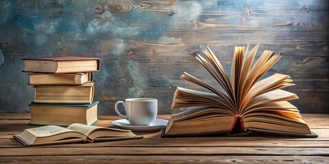 A tranquil still life arrangement of assorted books and a single open book on a wooden table, literature, education