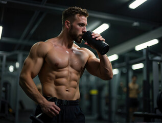 a man drinking a bottle of water in a gym