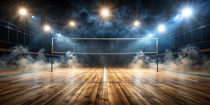 Illuminated wooden volleyball court with smoke, volleyball, sport, illuminated, wooden, court, smoke, outdoor, competition, game