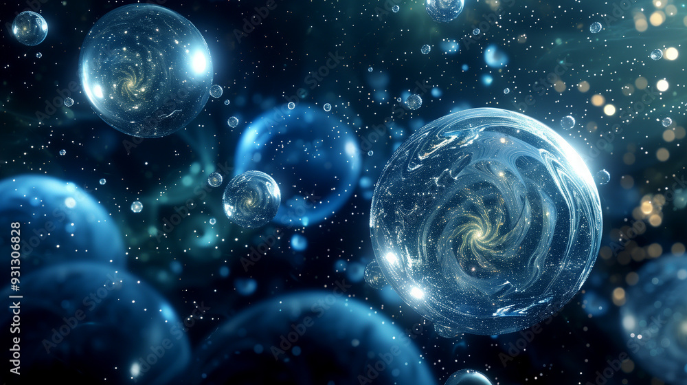 Poster a collection of 3d orbs floating in space, with varying sizes transparent surfaces. each orb contain