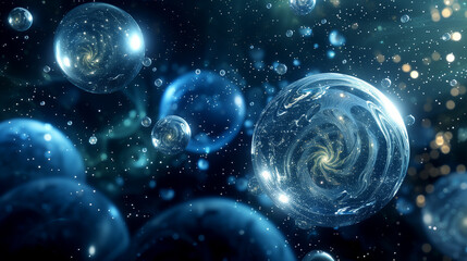 a collection of 3D orbs floating in space, with varying sizes transparent surfaces. Each orb contains swirling patterns, creating a sense of depth and mystery, space science background, wallpaper