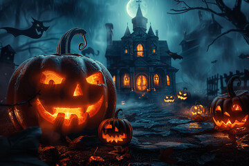 Fototapeta premium Spooky Halloween Night With Carved Pumpkins And Haunted House Under Full Moon