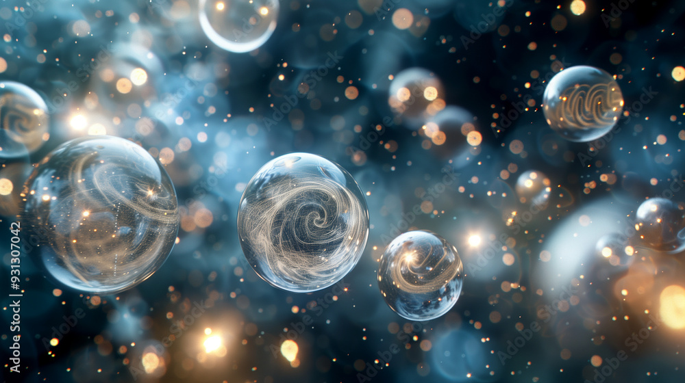 Poster a collection of 3d orbs floating in space, with varying sizes transparent surfaces. each orb contain