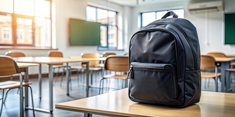 Black backpack sitting on a desk in a school , school, education, black, backpack, back to school, educational supplies