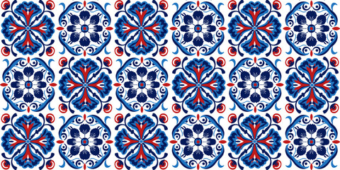 Seamless pattern of asterisk - round texture ornament stylized in red - blue tones