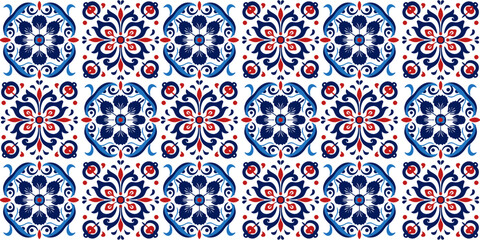Seamless pattern of square - round texture ornament stylized in red - blue tones
