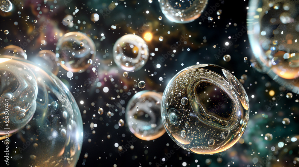 Poster a collection of 3d orbs floating in space, with varying sizes transparent surfaces. each orb contain
