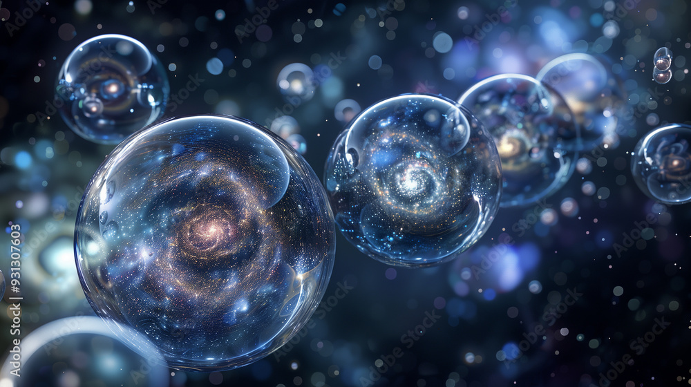 Poster a collection of 3d orbs floating in space, with varying sizes transparent surfaces. each orb contain