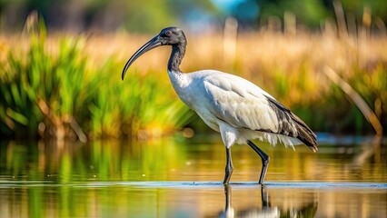 Naklejka premium African Sacred Ibis hunting for prey along the lakeside, wildlife, African bird, ibis, hunting, fishing, water bird