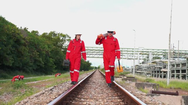 Team survey construction engineer with safety jacket use level survey camera. Engineer peering through a theodolite for check Raiway inside oil refinery plant.