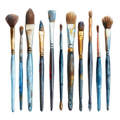 Collection of professional artist paint brushes. Isolated on Transparent or White Background, PNG