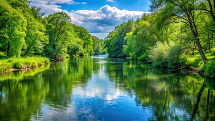 Fototapeta premium Tranquil view of the river with lush green trees reflecting on the calm water , nature, scenic, serene, peaceful, tranquil