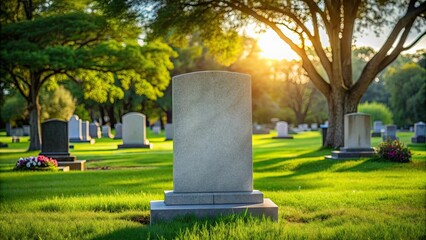 Obraz premium Grave with headstone in a peaceful cemetery setting, burial, tombstone, death, cemetery, memorial