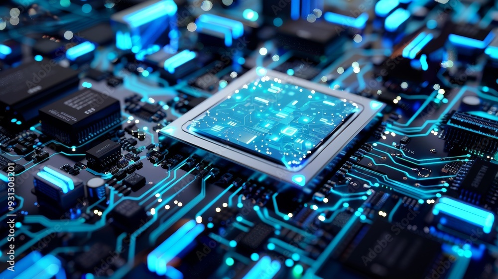 Poster close-up of a glowing microchip on a circuit board, showcasing advanced technology and intricate ele