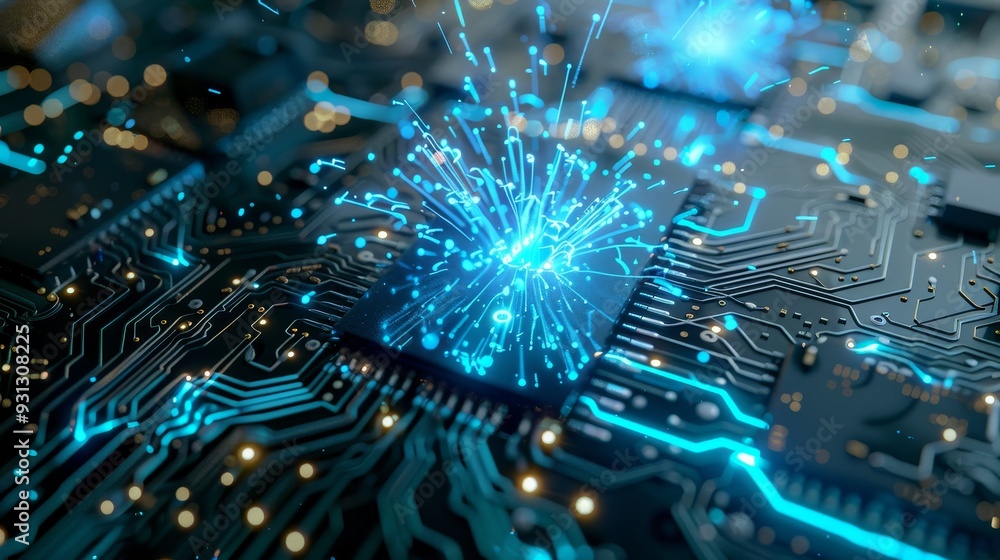 Poster close-up of a circuit board with glowing sparks, showcasing advanced technology and digital innovati