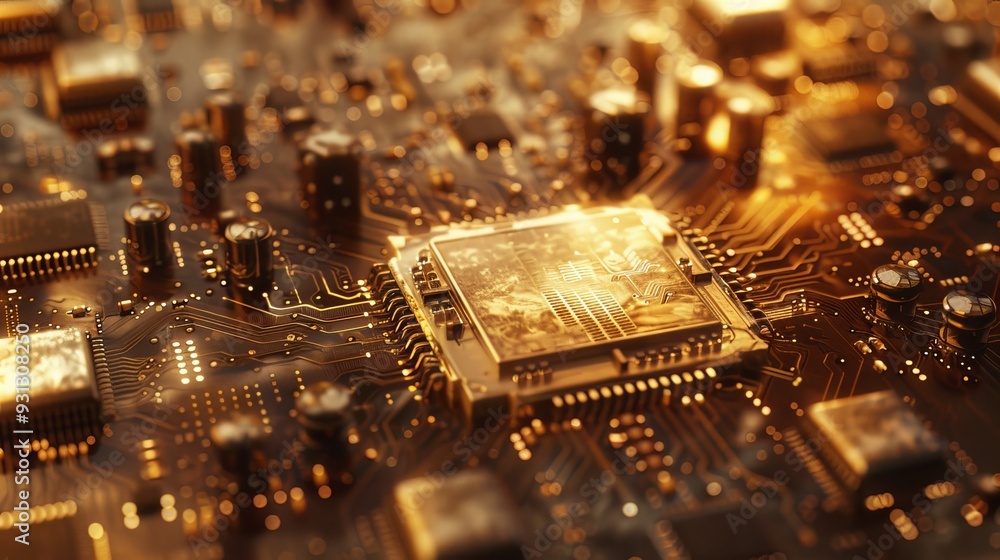 Poster close-up view of a circuit board with intricate details and glowing components, showcasing modern te
