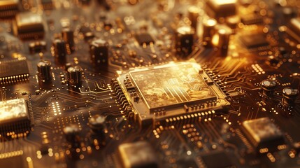 Close-up view of a circuit board with intricate details and glowing components, showcasing modern technology and innovation.