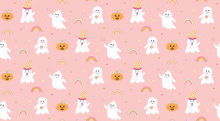 Cute pink ghosts, pumpkin and rainbow seamless pattern. Halloween baby characters. Magic scary spirits with different emotions. Vector cartoon illustration.