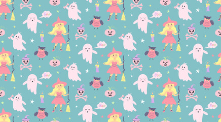 Cute pink ghosts, witch, owl, pumpkin seamless pattern. Halloween baby characters. Magic scary spirits with different emotions. Vector cartoon illustration.