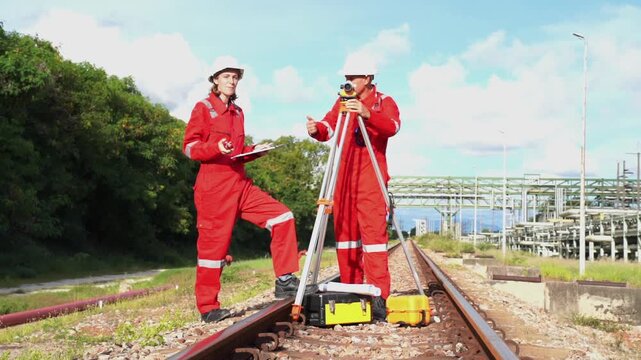 Team survey construction engineer with safety jacket use level survey camera. Engineer peering through a theodolite for check Raiway inside oil refinery plant.