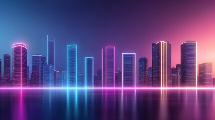 Fototapeta premium A city skyline with neon lights in the background, AI