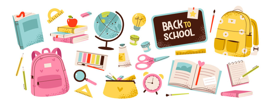 School supplies set. School and office set with books, pens and backpack and various stationery items. Flat vector illustration