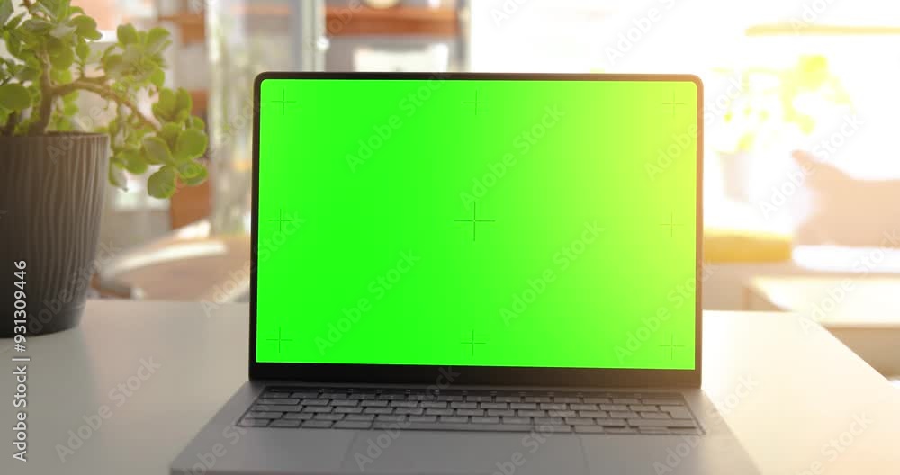 Poster laptop with green screen on desk, rotating camera move forward – ideal for ui mockup and chroma key