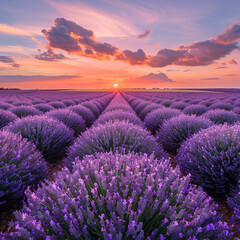 Fototapeta premium Field Lavender Wit Serene Under Sky Sunset Pastel