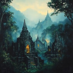 Mystic ancient temple complex in misty jungle landscape.