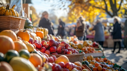 A detailed shot of an outdoor market stand overflowing with seasonal produce such as apples, squash, and colorful gourds. People in autumn attire browse the stalls in the background.