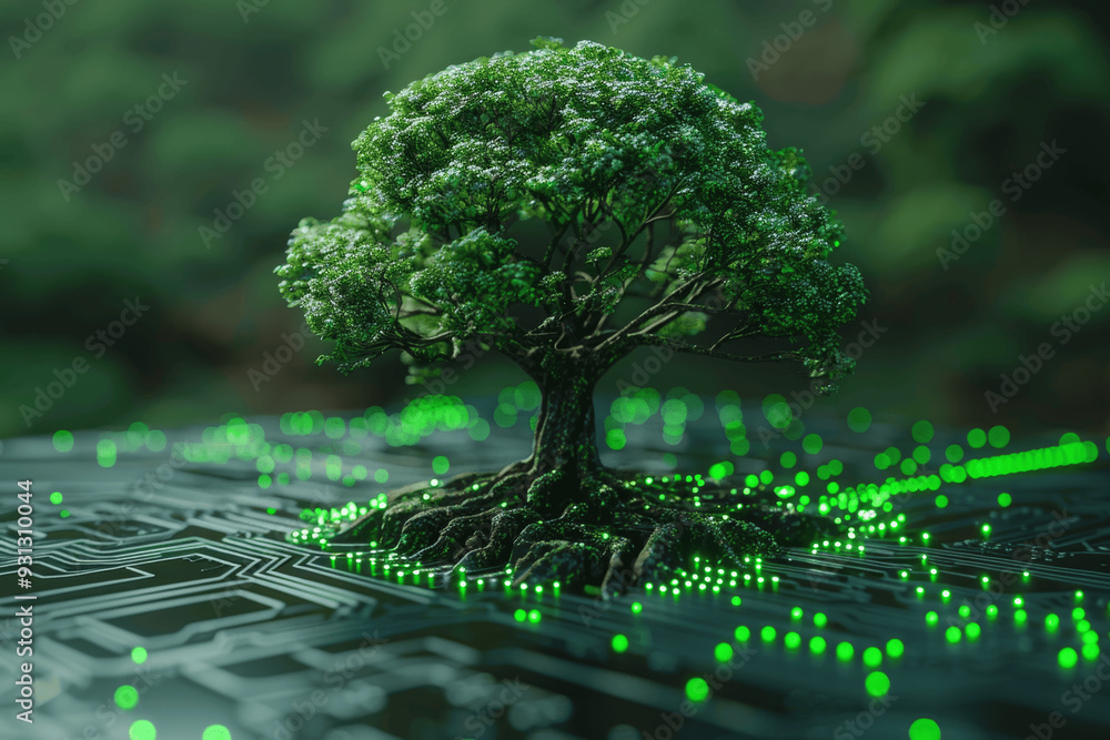 Poster tree growing out of circuit board with glowing green lights representing intersection of nature and 