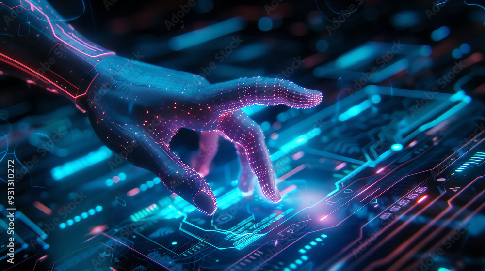 Poster a futuristic hand interacts with digital circuits, showcasing advanced technology and artificial int